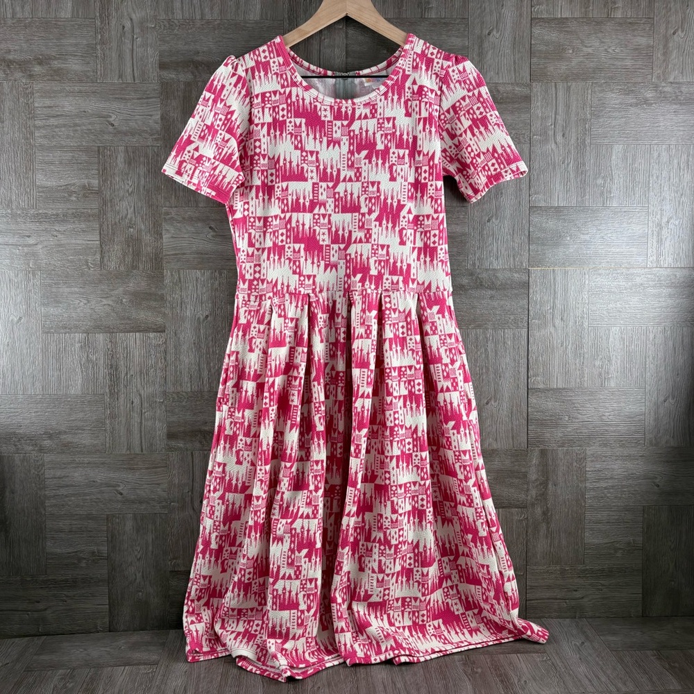 LuLaRoe x Disney Princess Castle Amelia Pink Abstract Print Dapper Retro Dress